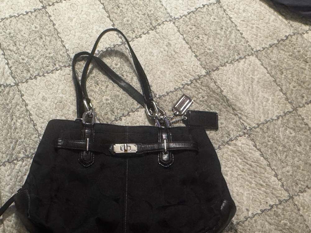 Coach Mia Tote in Black Signature Canvas with Lizard Embossed Leather Trim